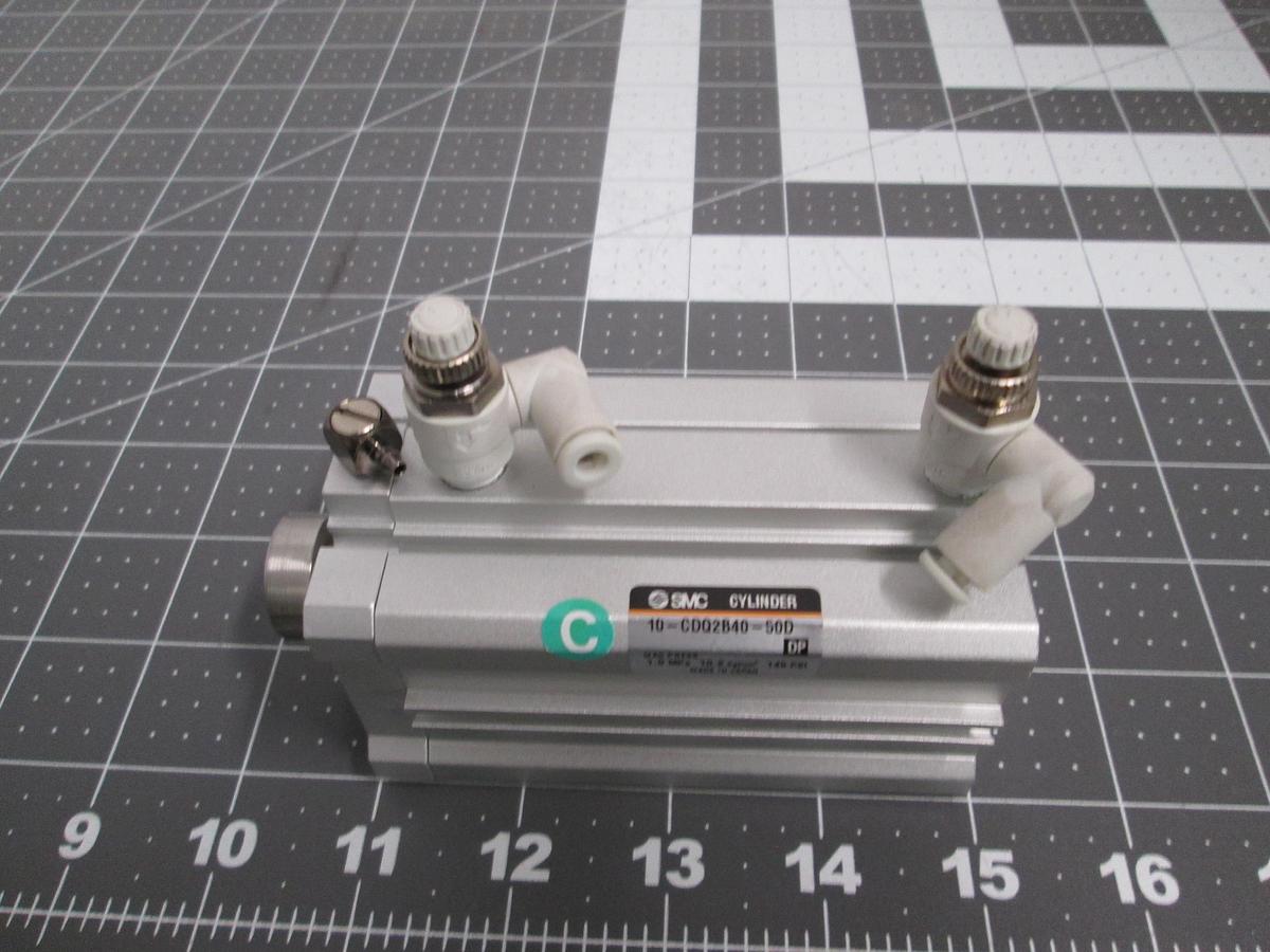 Used SMC 10-CDQ2B40-50D Clean Series Compact Pneumatic Cylinder Speed Controls