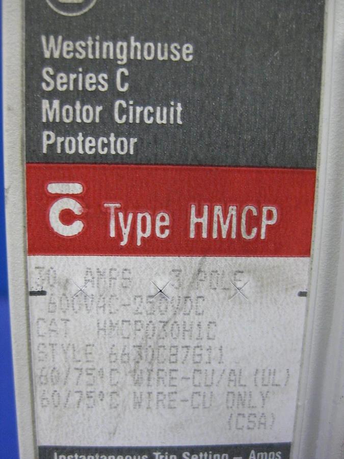 Used Westinghouse Series C HMCP030H1C Circuit Breaker, 600VAC-250VDC 30A 3 Pole, Used