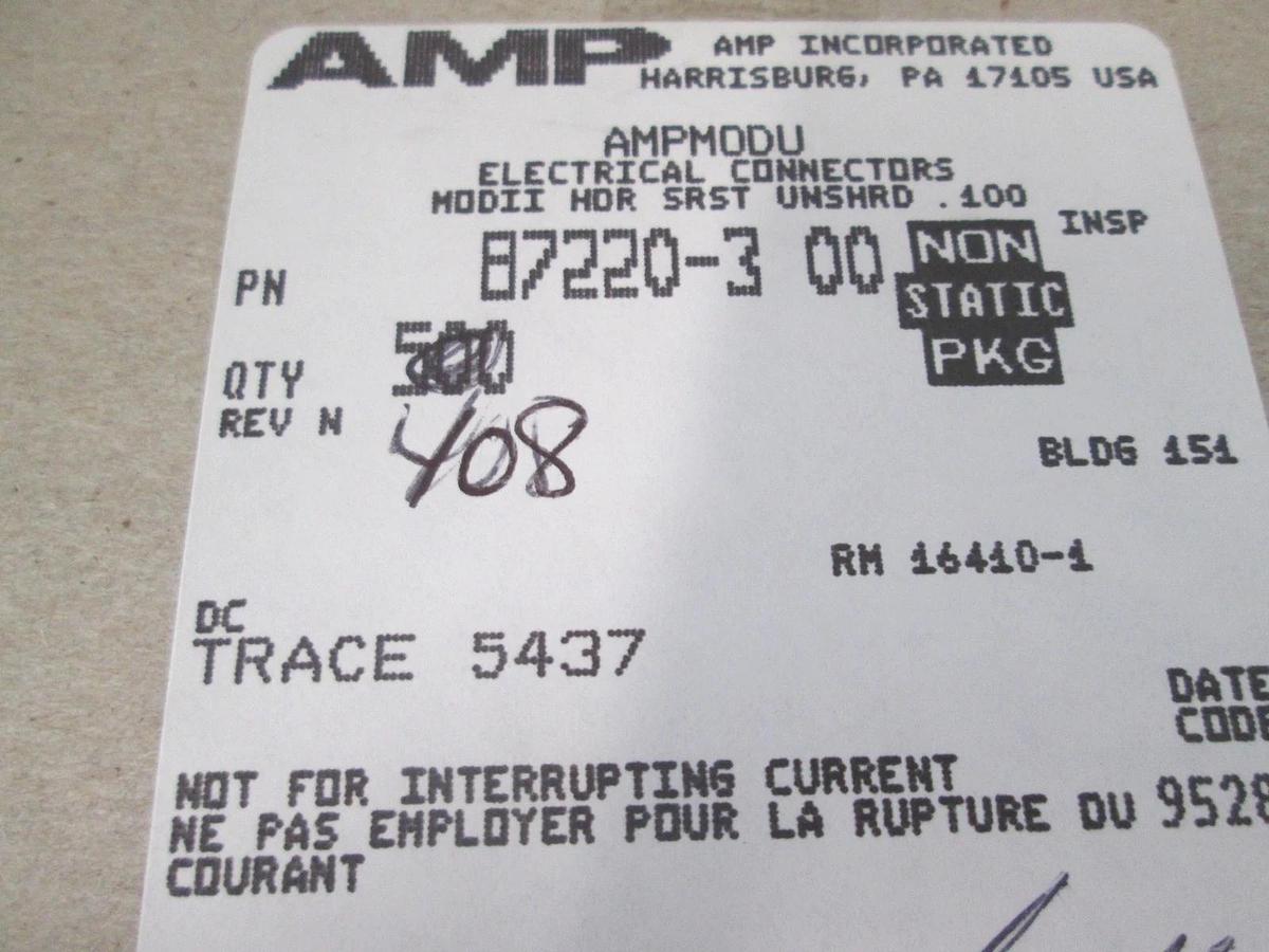 AMP, B7220-3 00, Board Connector Header, 3 Pos, 1 Row, Gold, New, Lot of 900