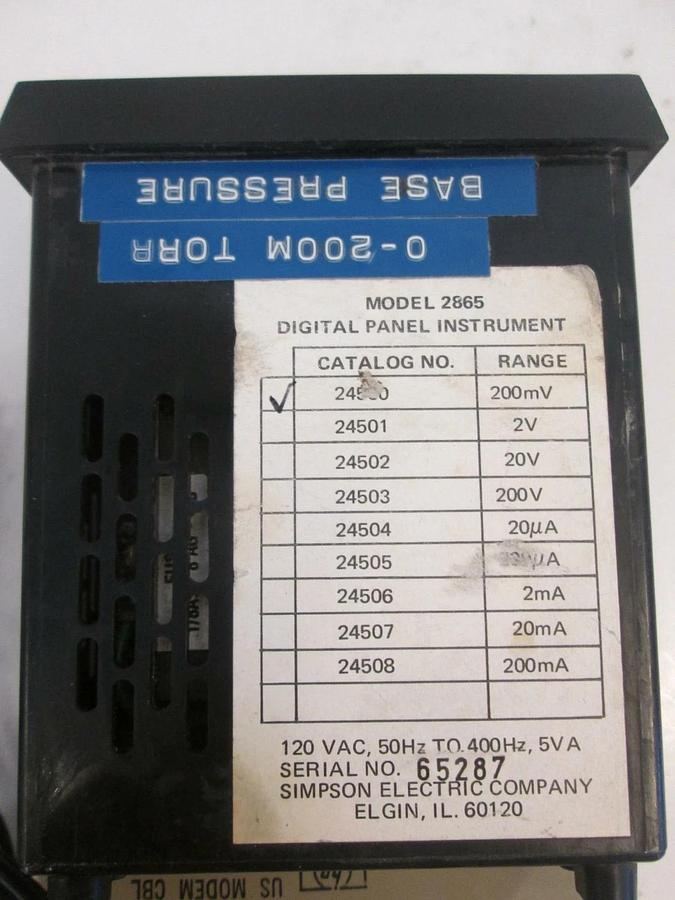 Used Simpson Digital Panel Meter, DC Millivolts, 2865, 120 VAC, 50-400Hz, Used