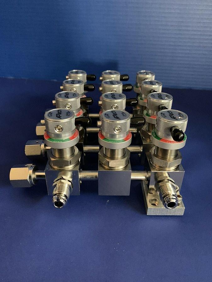 Used APTech AP4625SM (12) Manual Diaphragm Valve Manifold Assy w/ 12 Valves, Used