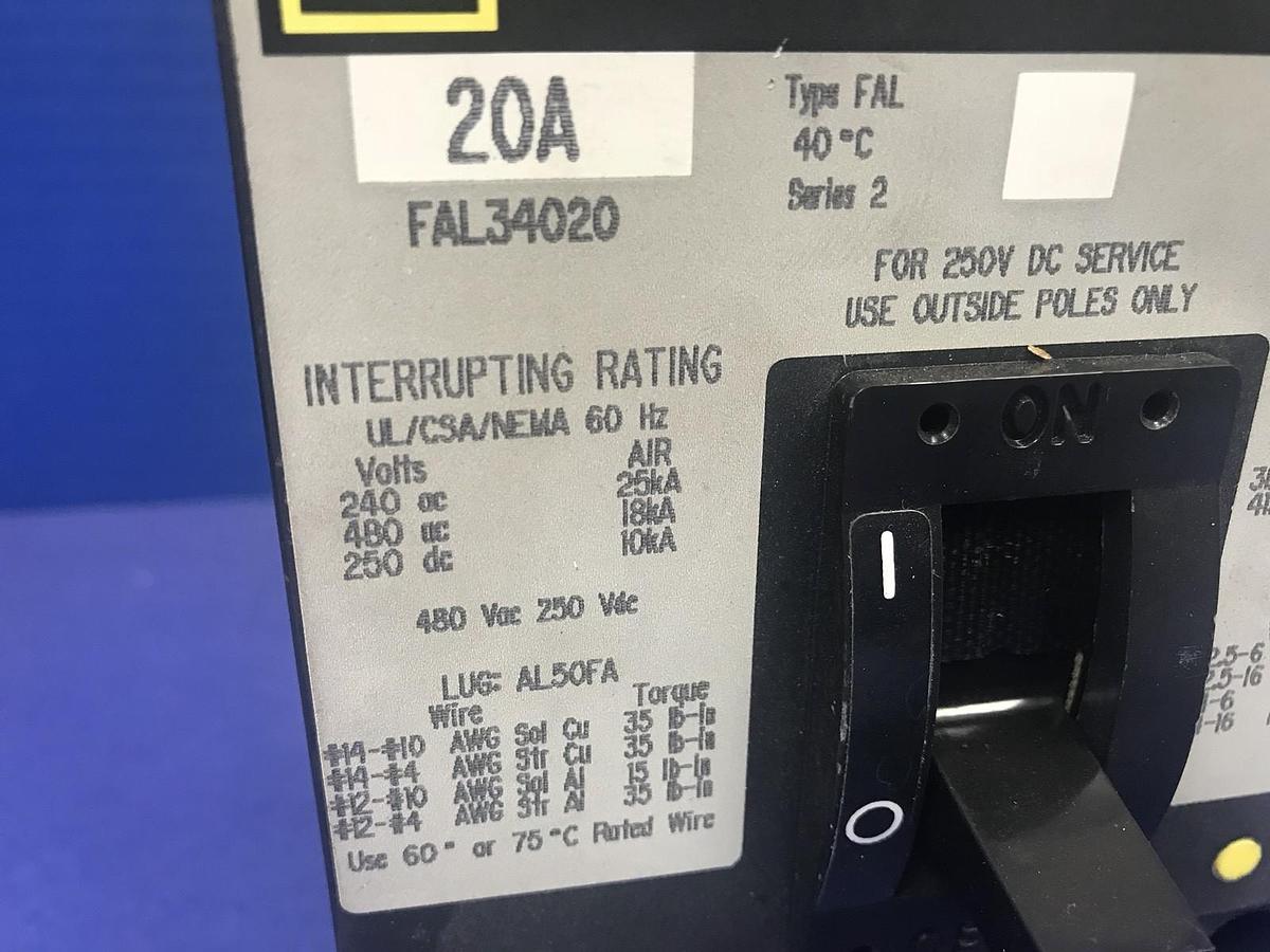 Used Square D FAL34020 Thermal-Magnetic Circuit Breaker, 20A, Used