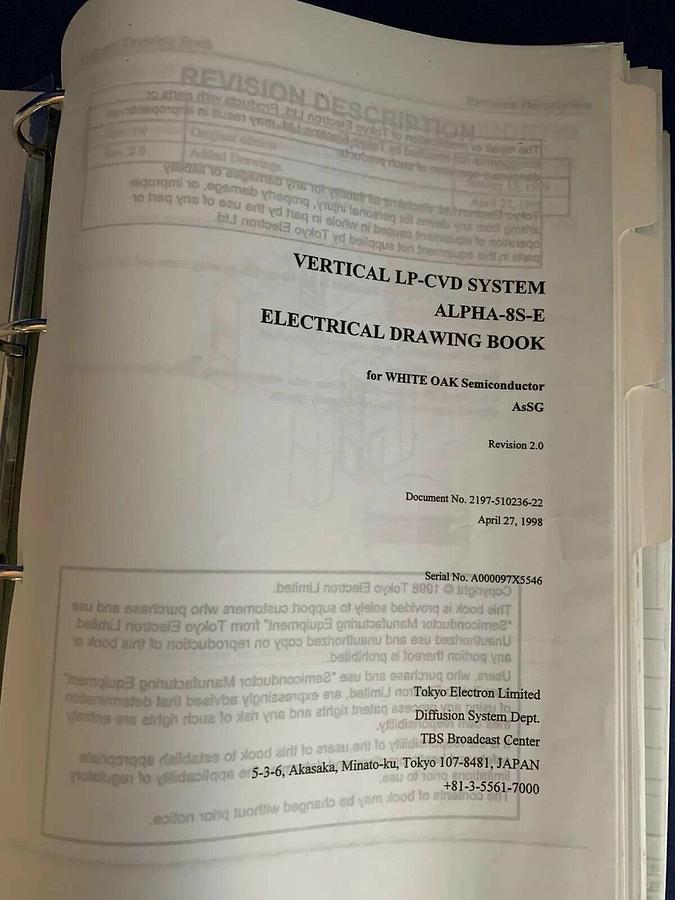 Used Tokyo Electron ALPHA-8S-E Vertical LP-CVD AsSG Electrical Drawing Book
