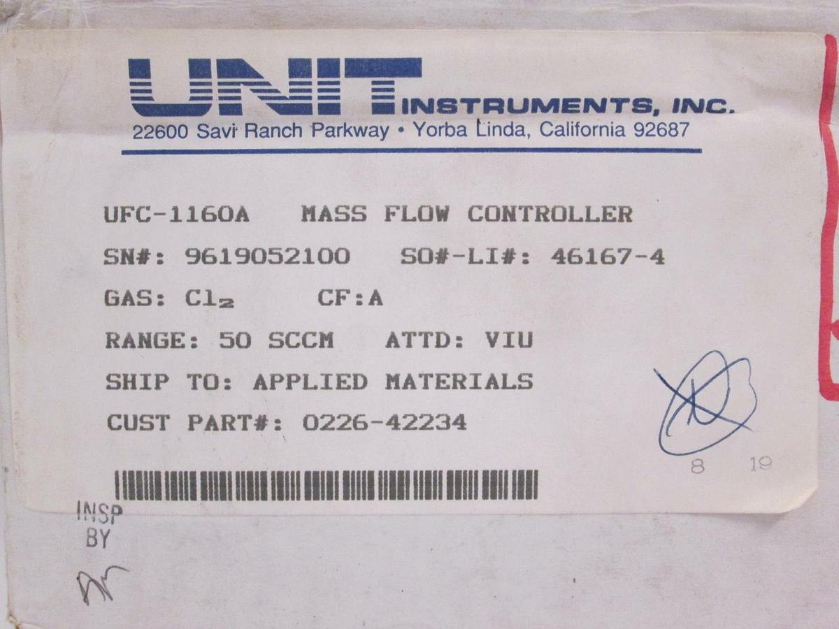 Used Unit UFC-1160A Mass Flow Controller, CL2, 50 SCCM, Refurbished
