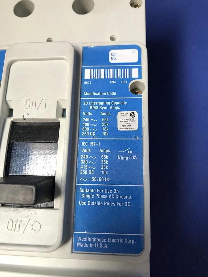 Used WESTINGHOUSE JD 25K JD3250F 250A, 600V Circuit Breaker, Used