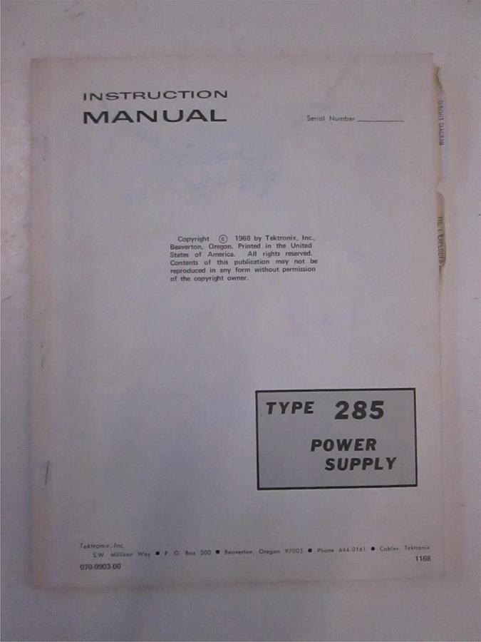 Used Tektronix Type 285 Power Supply Instruction Manual, Used
