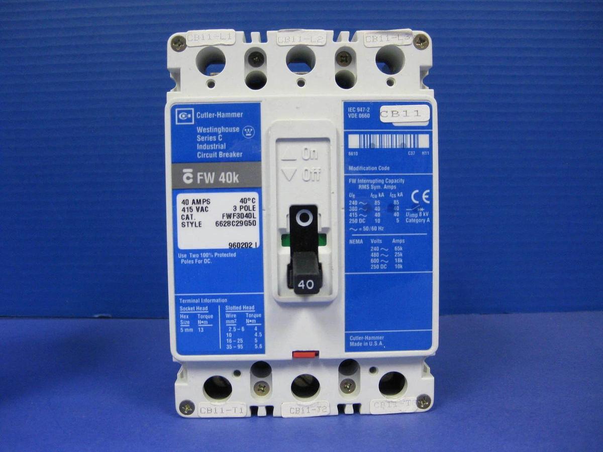 Used Westinghouse Series C FWF3040L Circuit Breaker,415 VAC, 40A 3 Pole, Used