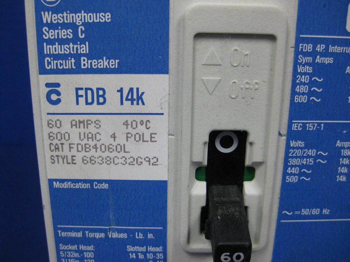 Used Westinghouse Series C FWD4060L Circuit Breaker, 600V 60A, 4 Pole, Used