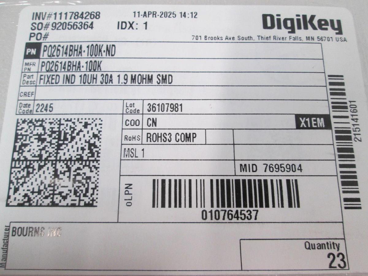 Bourns, Digikey, PQ2614BH-100K-ND, Fixed IND 10uH 30A, 1.9 MOHM, New, Lot of 23