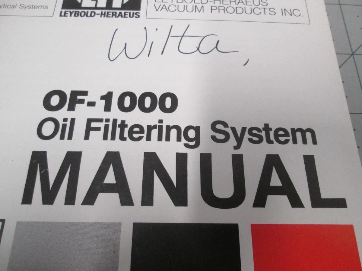 Used Leybold, OF-1000, Oil Filtering System Manual, 722-78-009, Edition I, Used