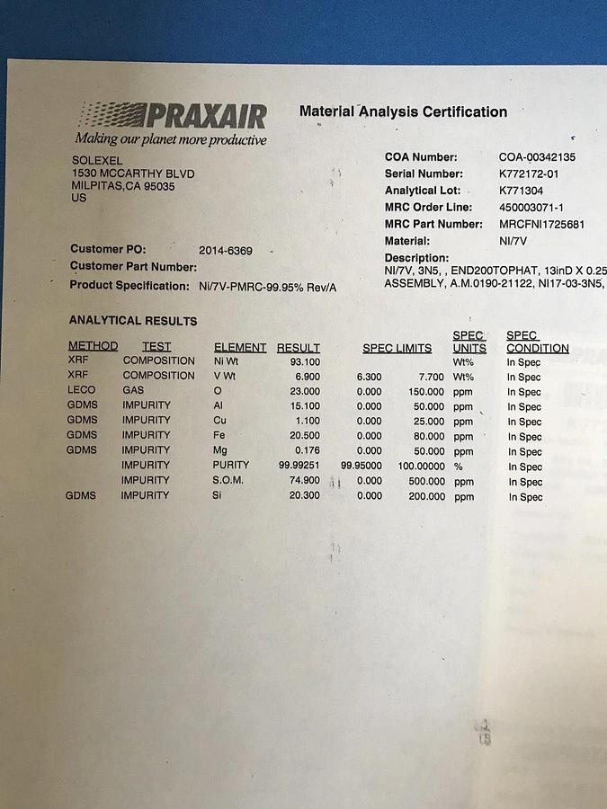 Used Praxair NI7V, 3N5, END200TOPHAT SolderbondAssy, 13"x.25", AMAT 0190-21122, New