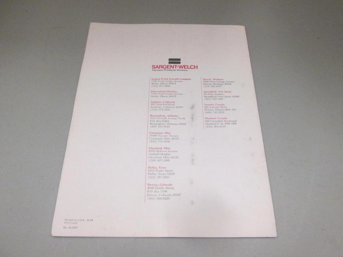 Used Sargent-Welch, 41-2937DirecTorr Vacuum Pump Operation & Maintenance Manual, Used