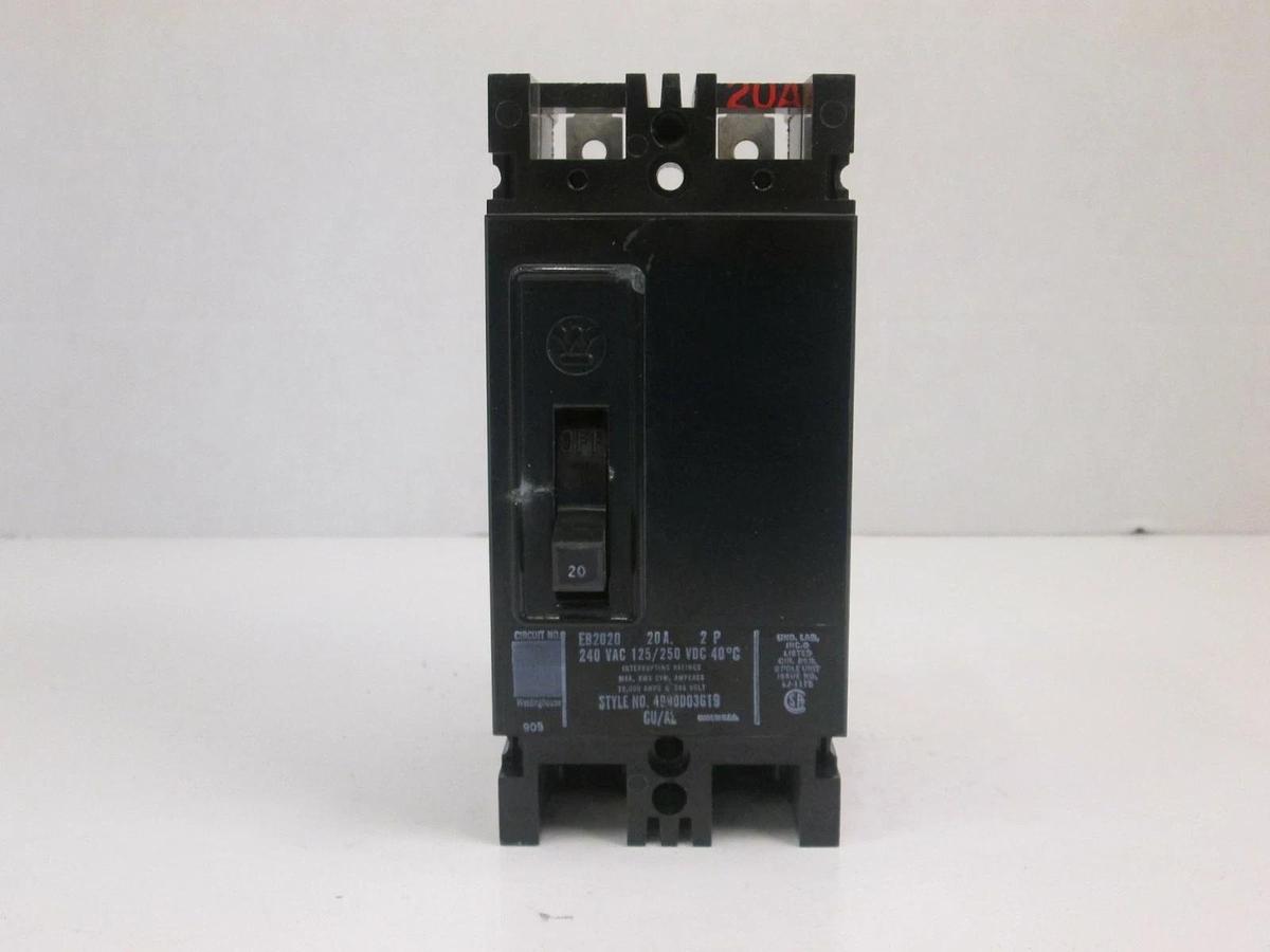 Used Westinghouse EB2020 Circuit Breaker, 240 VAC 20A, 2 Pole
