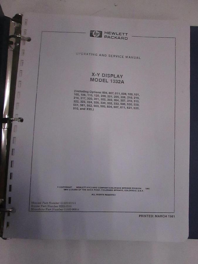 Used HP X-Y Display Model 1332A Operating and Service Manual, Used