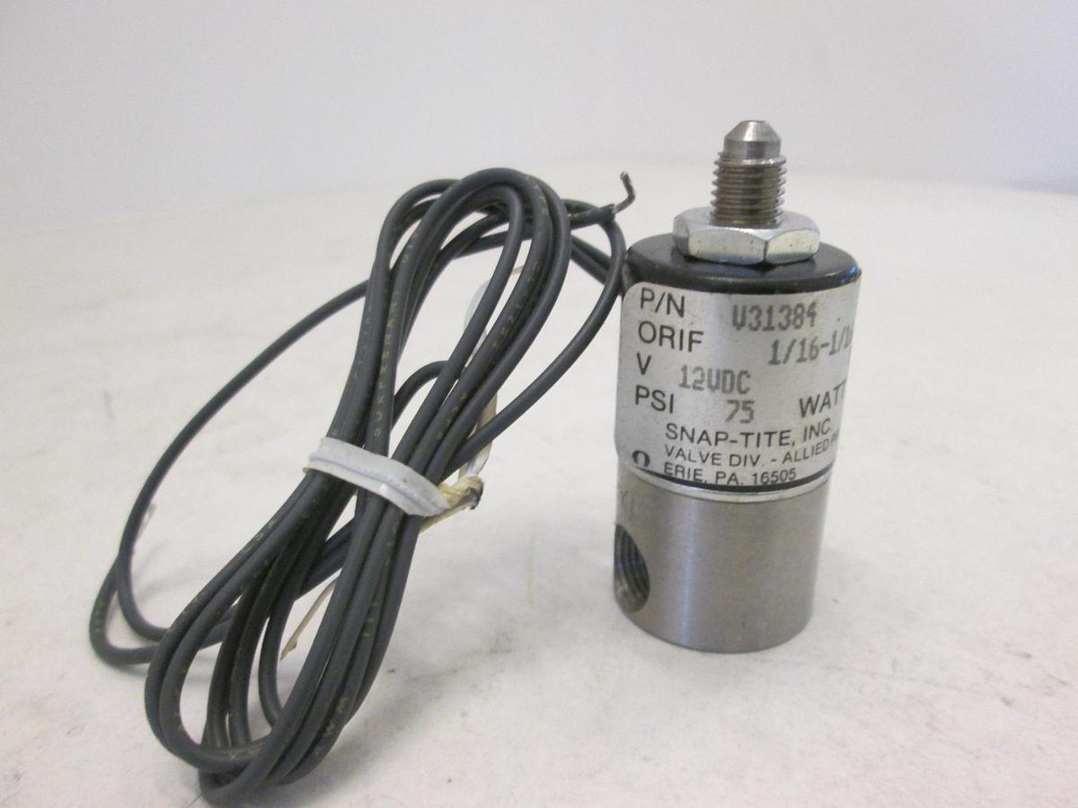 Used Snap-Tite, Solenoid 2 Way Valve, V31384, 75 PSI, 7W, 12 VDC, Used
