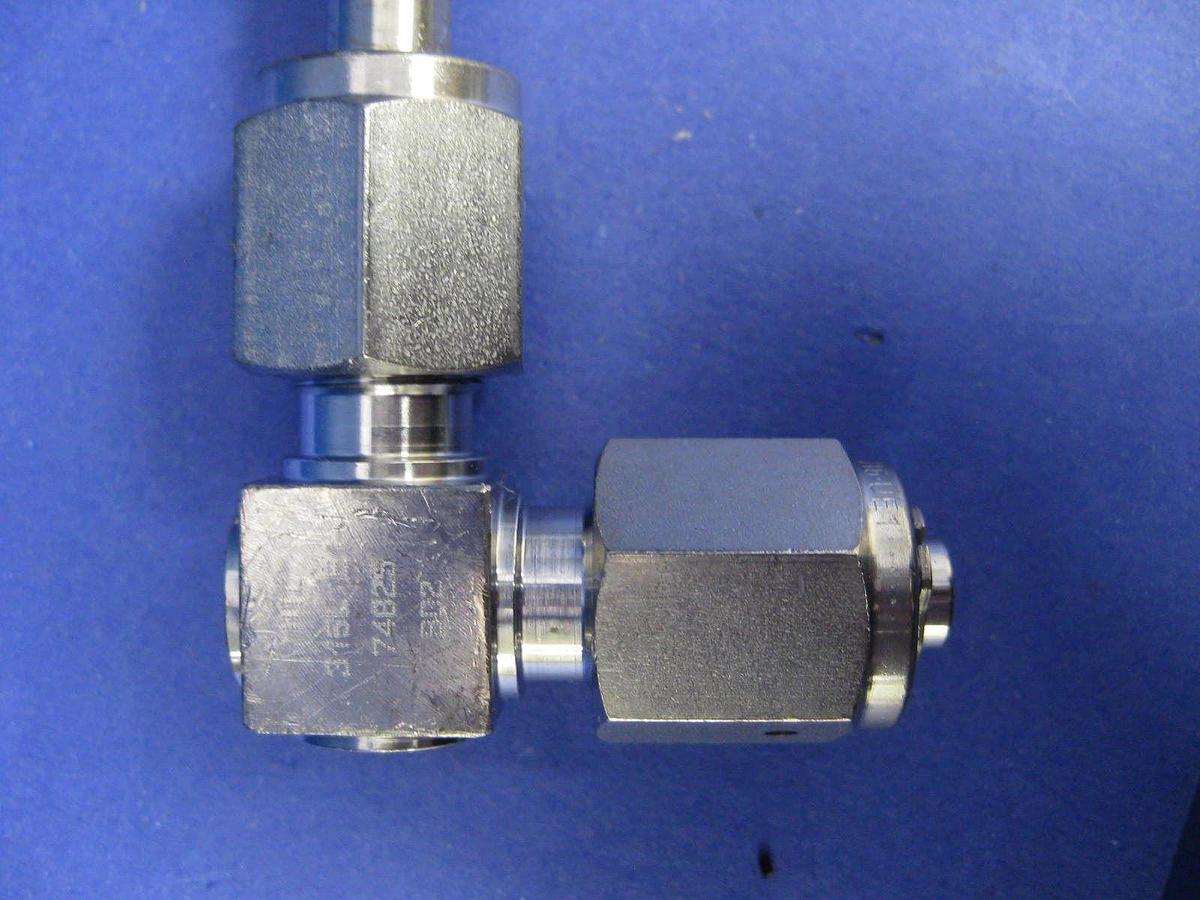 Used Fujikin Indicating Shut Off Valve, 1/4" MVCR x Elbow Tube Assy & 1/4" MVCR