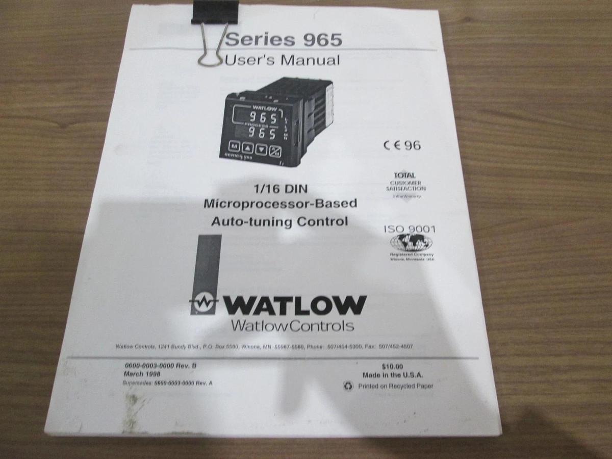 Used Watlow, Series 965, Microprocessor-Based Auto Tuning Control, User Manual, Used