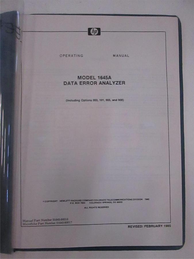 Used HP 1645A Data Error Analyzer Operating Manual, Used
