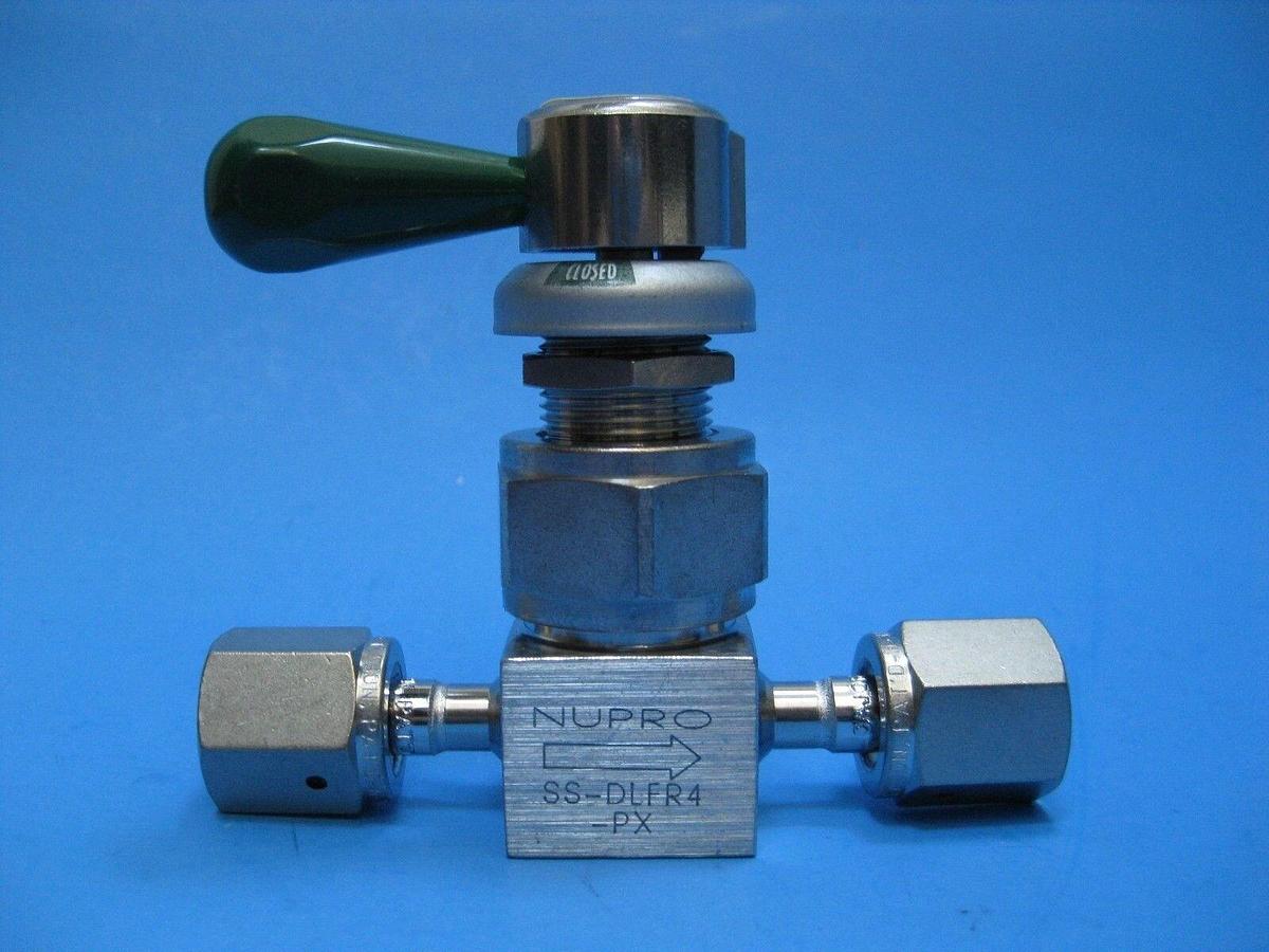 Used Nupro SS-DLFR4-PX Manual Valve w/ Green Lever Handle, 1/4" FVCR/FVCR, Used