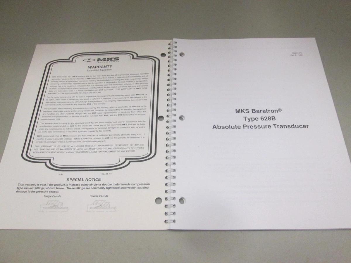 Used MKS, Type 628B Absolute Pressure Transducer Instruction Manual, 122431-P1, Used
