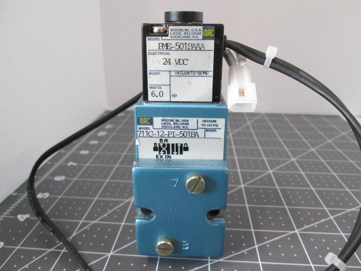 Used MAC,711C-12-PI-501BA, Solenoid Valve 24VDC 6W Vacuum-150PSI 4-Way