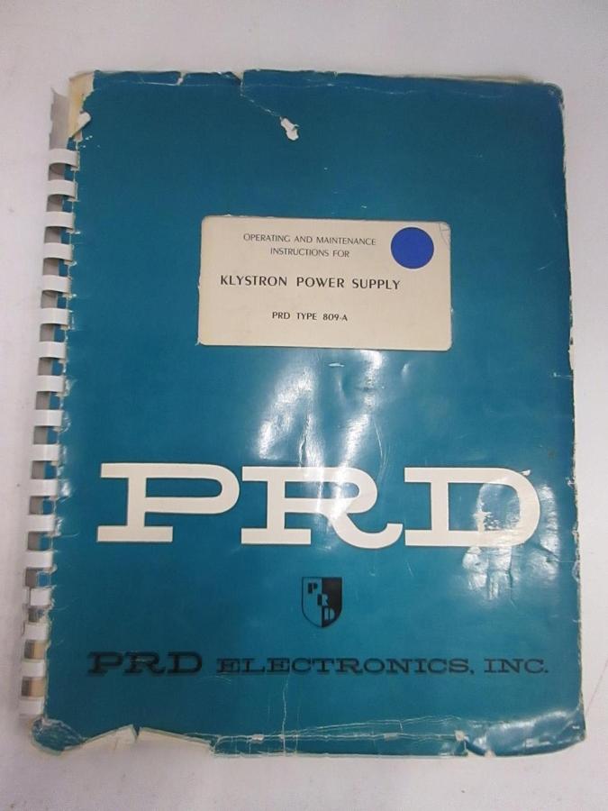 Used PRD Type 809-A Klystron Power Supply Operating and Maintenance Manual, Used