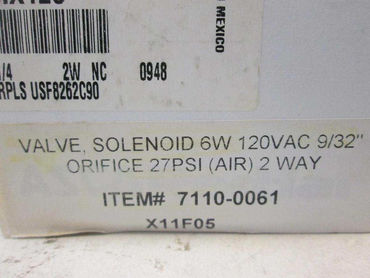 Asco Red Hat, 2 Way Solenoid Valve, 6W, 120VAC, 9/32", 27 PSI, OFSF8262G090, New