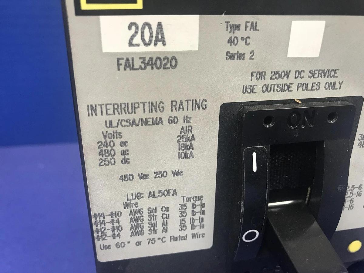 Used Square D FAL34020 Thermal-Magnetic Circuit Breaker, 20A, Used
