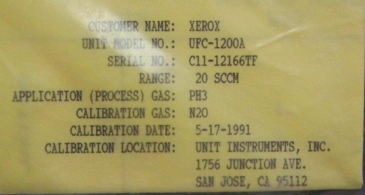 Used Unit UFC-1200A, Mass Flow Controller, Gas- PH3, Range- 20 SCCM, 1/4" M I/O