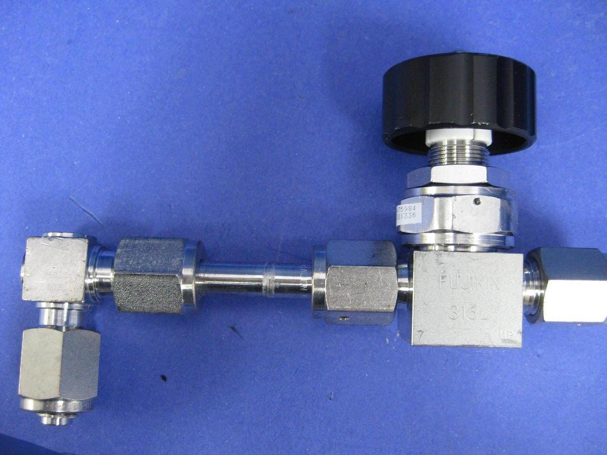Used Fujikin Indicating Shut Off Valve, 1/4" MVCR x Elbow Tube Assy & 1/4" MVCR
