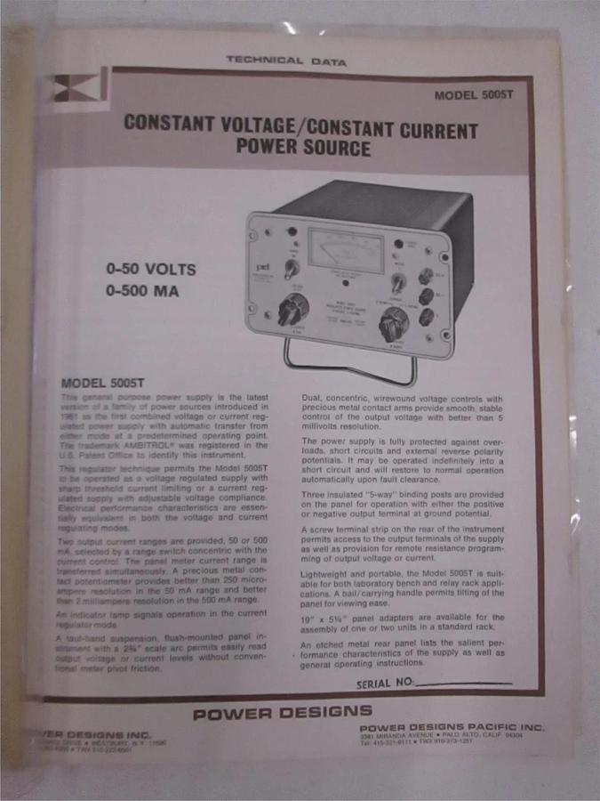Used Power Designs Model 5005T Technical Data, Used