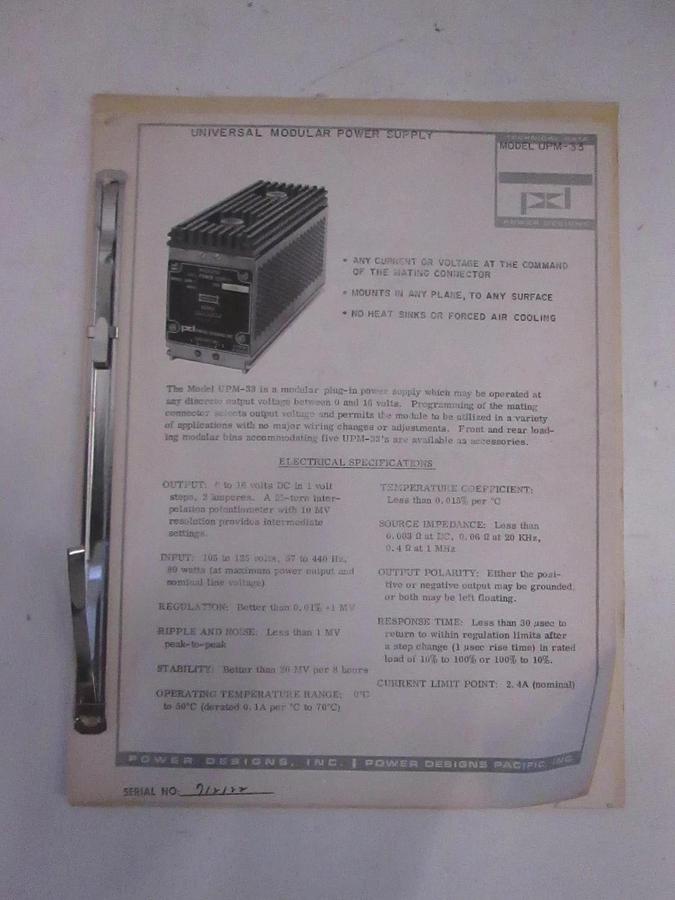 Used Power Designs Model UPM-33 Technical Data, Used