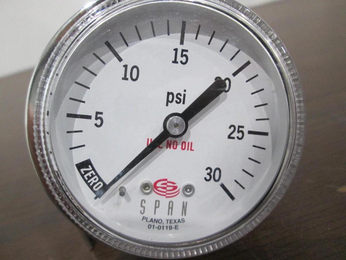 Used Span, 01-0119-E, 0-30 PSI, Gauge, Back Mount, New