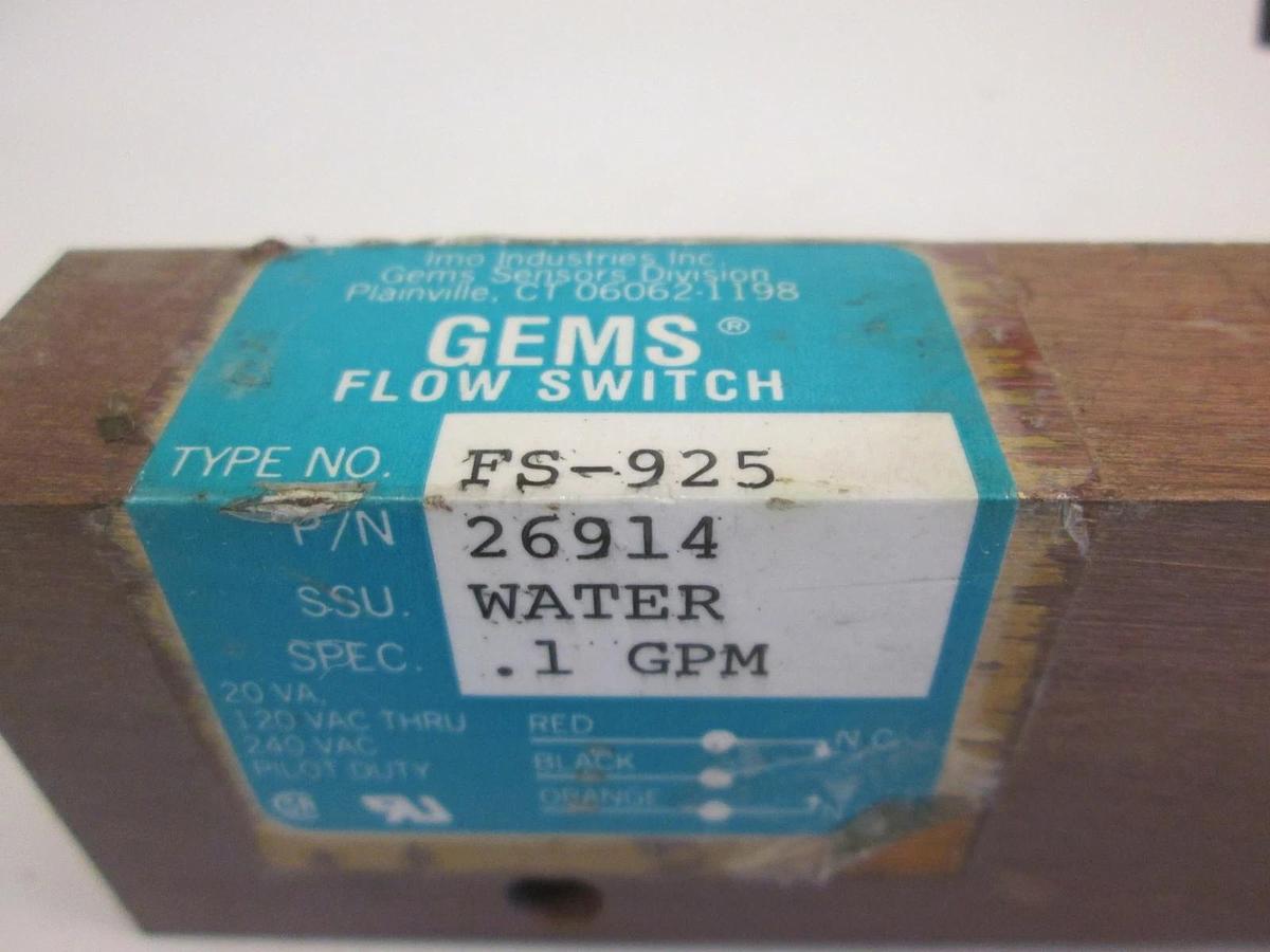 GEMS Sensors Type FS-925 Piston Type Flow Switch, .1 GPM Water, New