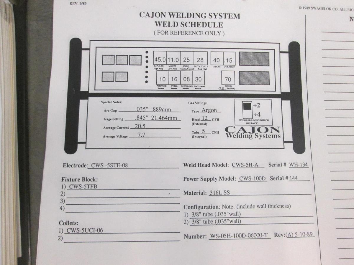 Used Swagelok, Orbital Welder Power Supply, CWS-100D w/ Manuals, Used