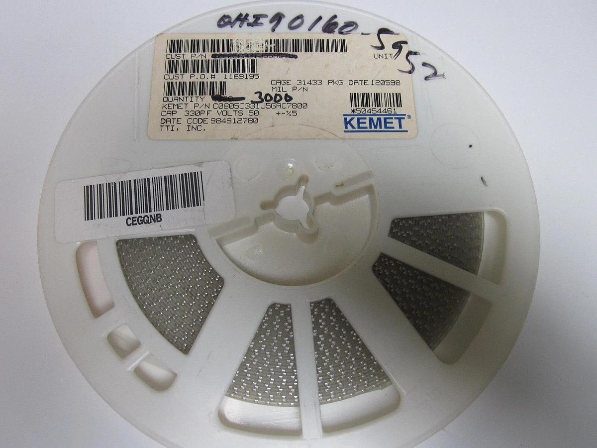 Kemet Ceramic Capacitor, C0805C331JGAC780, 50V, 5%TOL, Reel of 3000