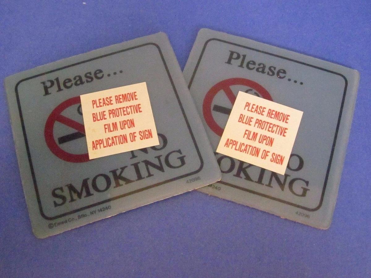 Used Emedco Please... NO SMOKING 4x4 Plastic Sign w/ Peel and Press Foam, Lot of 2