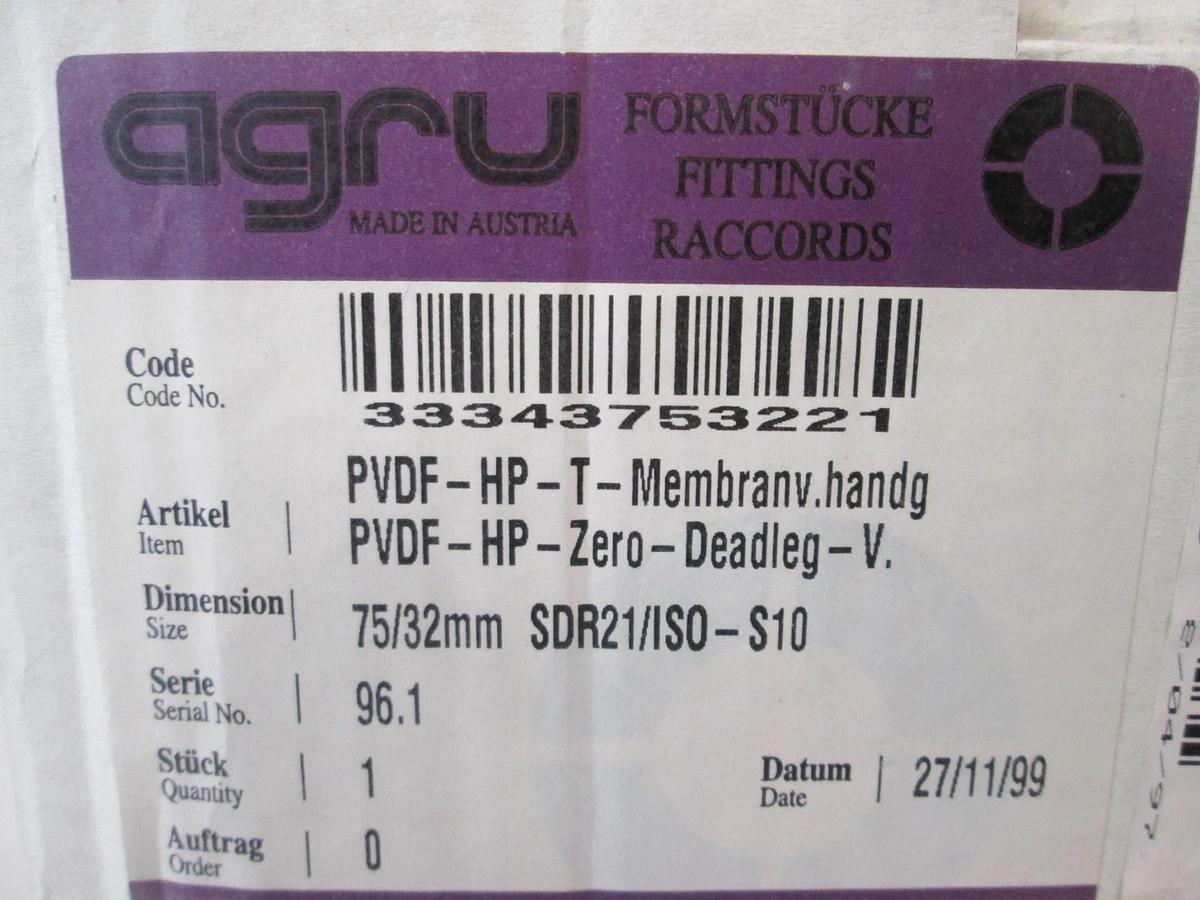 Agru, PVDF-HP, T-Diaphragm Valve 2 1/2"/ 1", 150 PSI, New