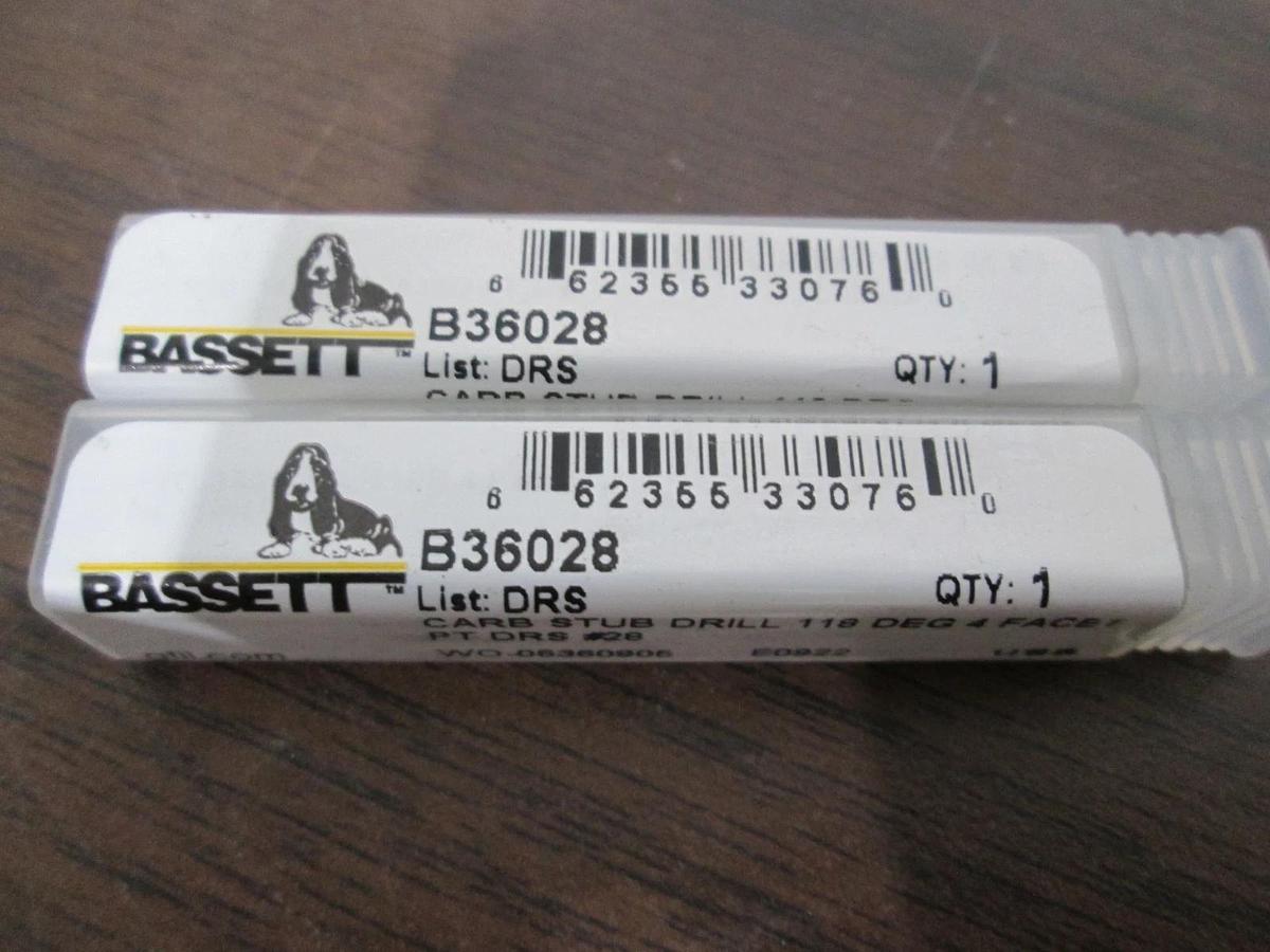 Bassett, B36028, Carbide Stub Drill 114 Deg 4 Face, New, Lot of 2