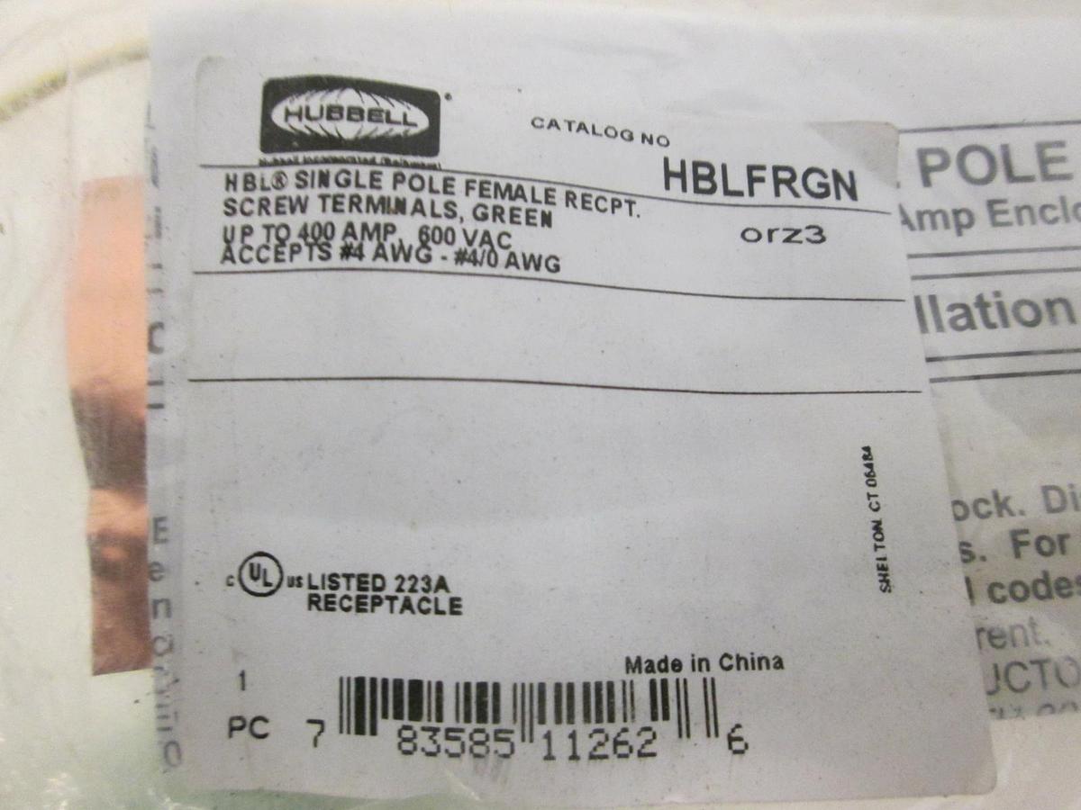 Hubbell, HBLFRGN, Single Pole Female Receptacle, Green, New