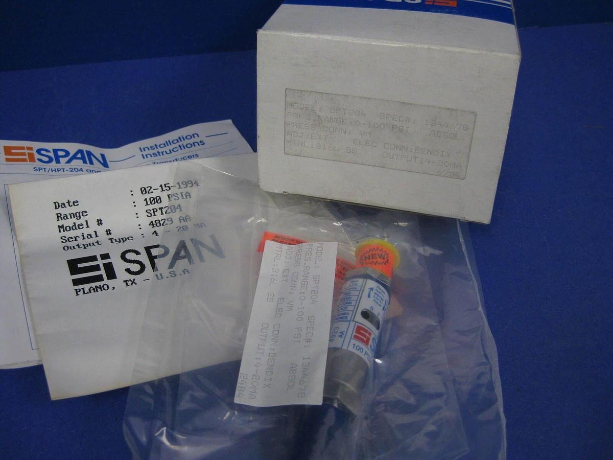 Used SPAN Instruments SPT-204 Pressure Transducer, 0-100 PSIG, 4-20mA, New in Box