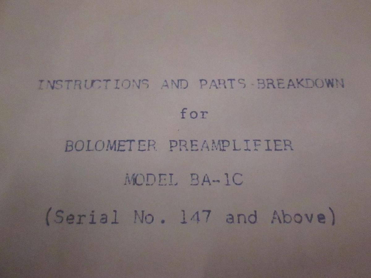 Used Weinschel Bolometer PreAmplifier Model BA-1C Parts Breakdown Instructions, Used