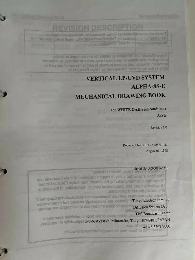 Used Tokyo Electron ALPHA-8S-E Vertical LP-CVD AsSG Mechanical Drawing Book