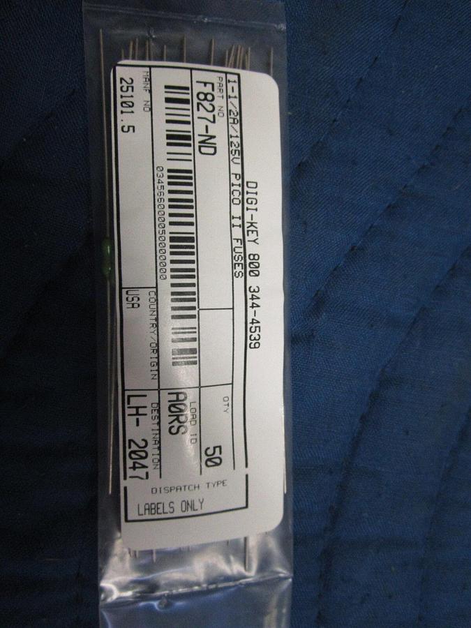 Used Digi-Key Pico II Fuse, F827, Fast, 1 1/2A  125V axial by Littelfuse, Lot of 50