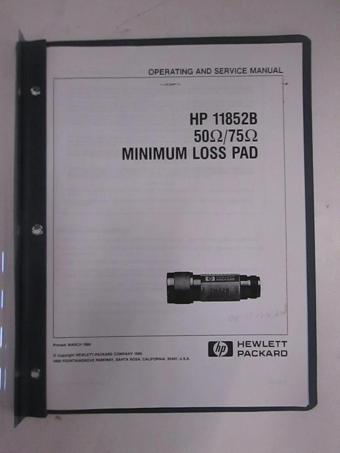 Used HP 11852A Minimum Loss Pad, Operating and Service Manual, Used