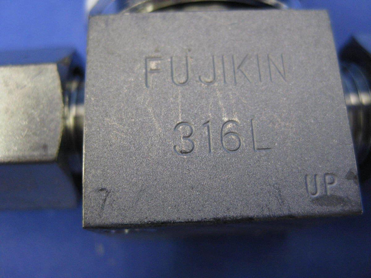 Used Fujikin Indicating Shut Off Valve, 1/4" MVCR x Elbow Tube Assy & 1/4" MVCR