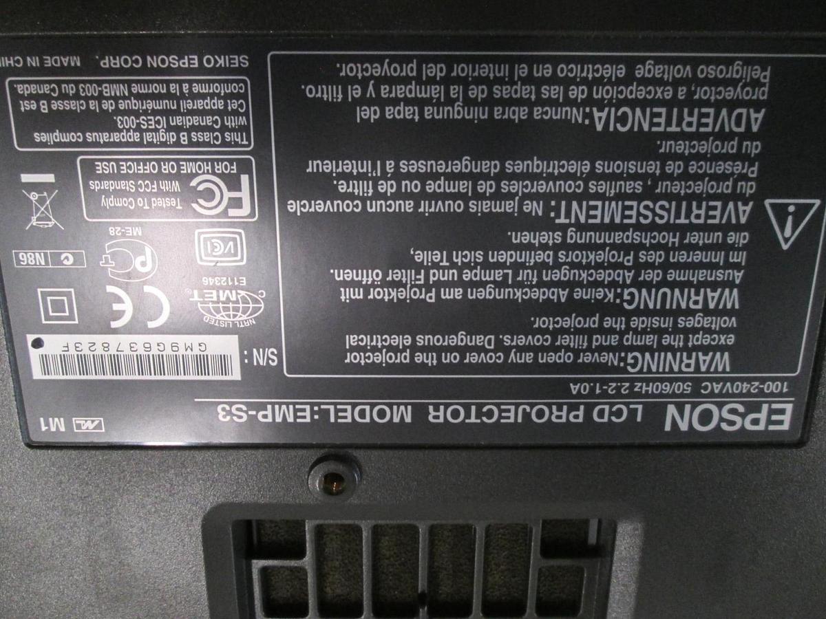 Used Epson Model: EMP-S3, LCD projector 100-240v, 50/60Hz 2.2-1.0A