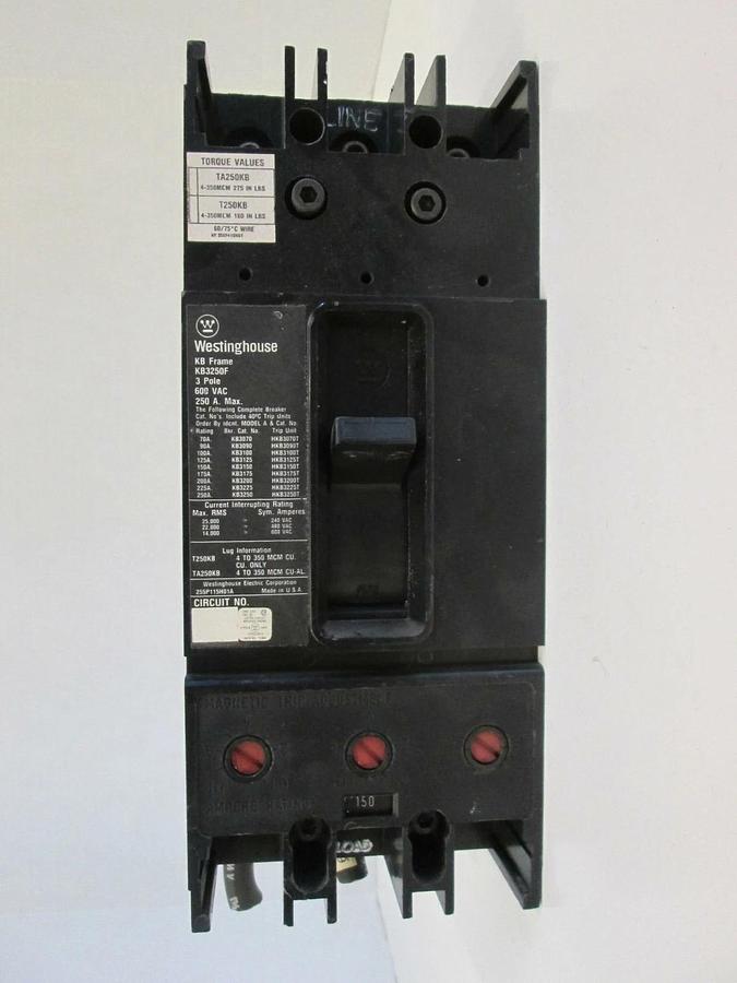 Used Westinghouse KB3250F Circuit Breaker, 600V 250A, 3 Pole