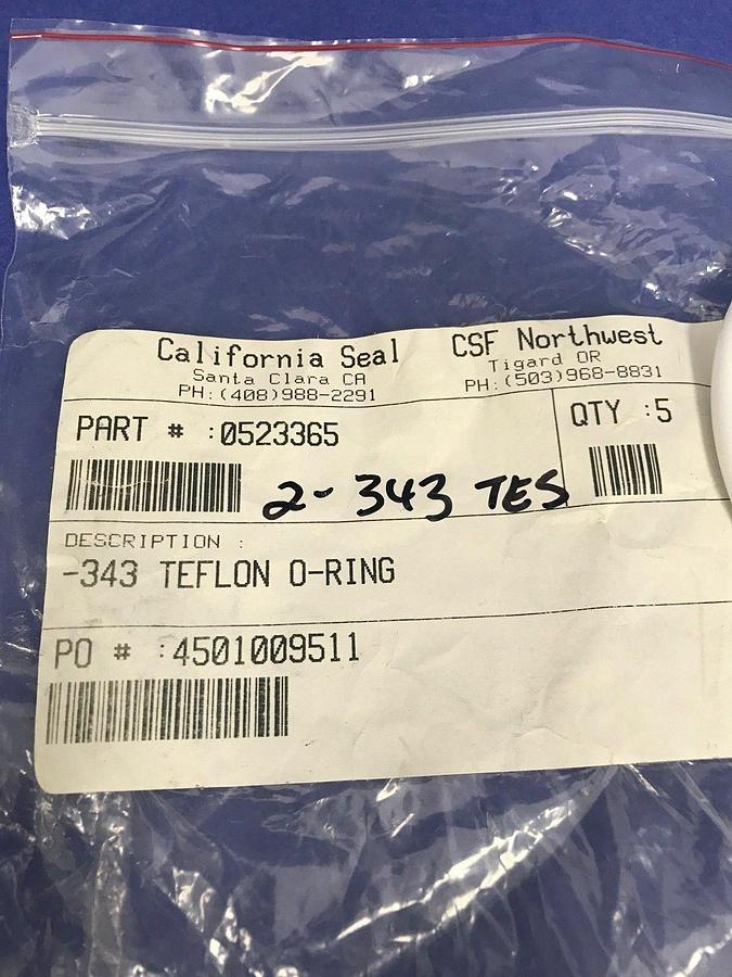 Used 2-343 TEFLON O-RING, 3-3/4 ID X 4-1/8 OD X 3/16 W, Lot of 5