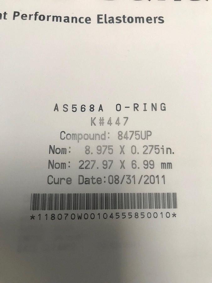 Used Kalrez Sahara O-Ring, AS-568A K# 447, Compound 8475UP, 9" x 0.275", New